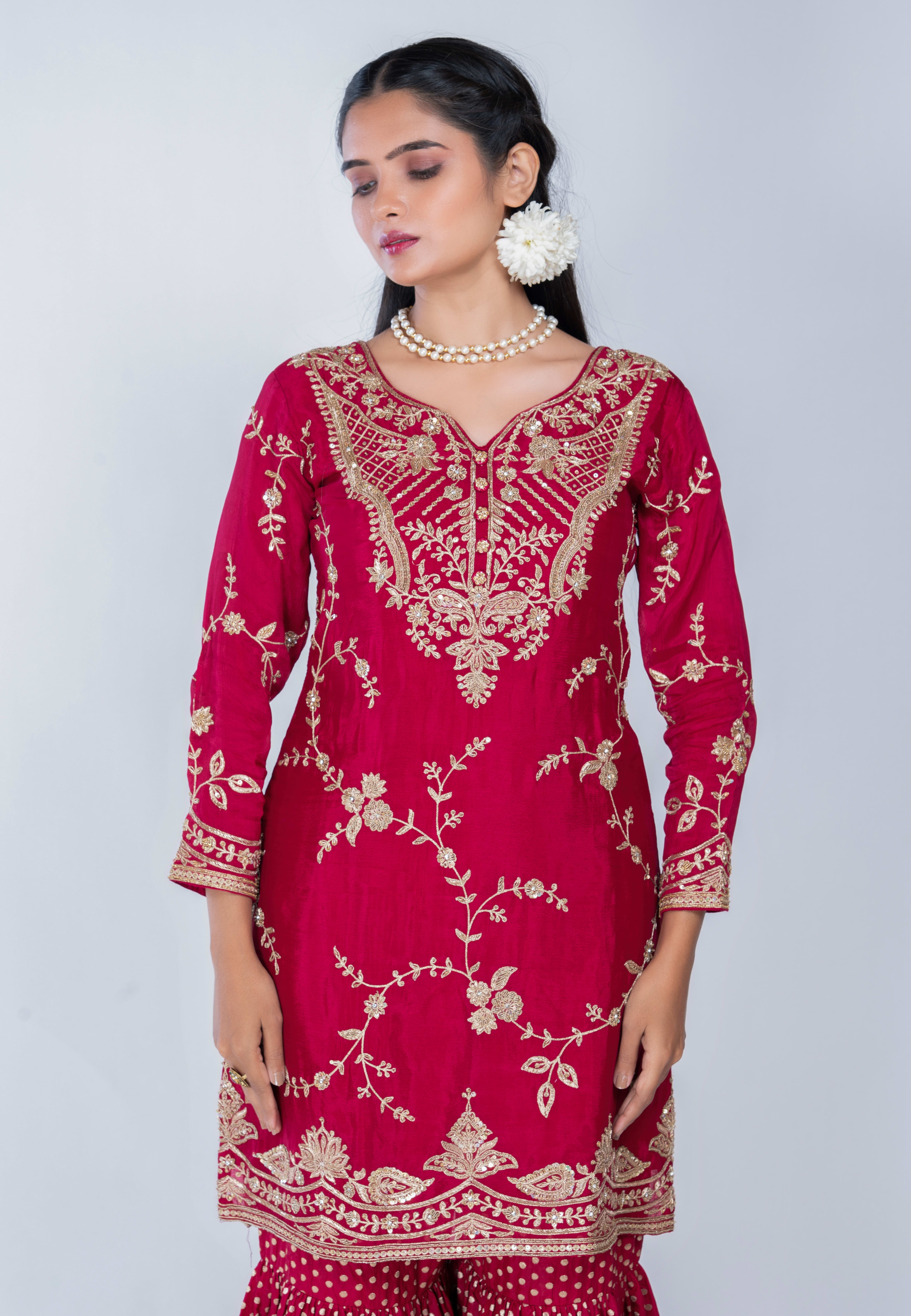 Maroon Straight suit with Gharara
