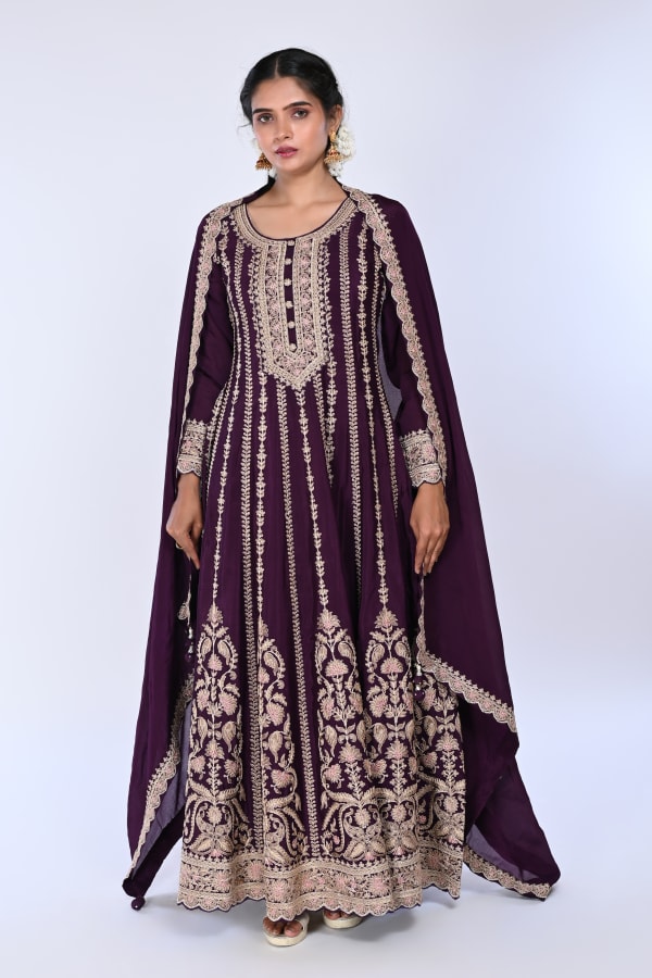 Wine Machine Embroidery Anarkali