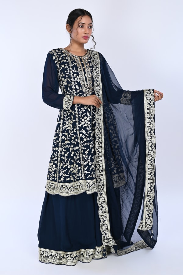 Navy Paplom Suit With Skirt