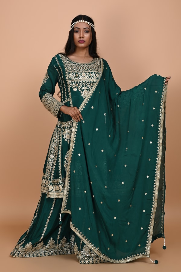 Bottle Green Straight Suit With Palazzo Pant
