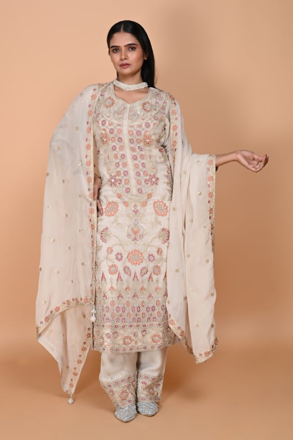 Beige Long straight suit with pants