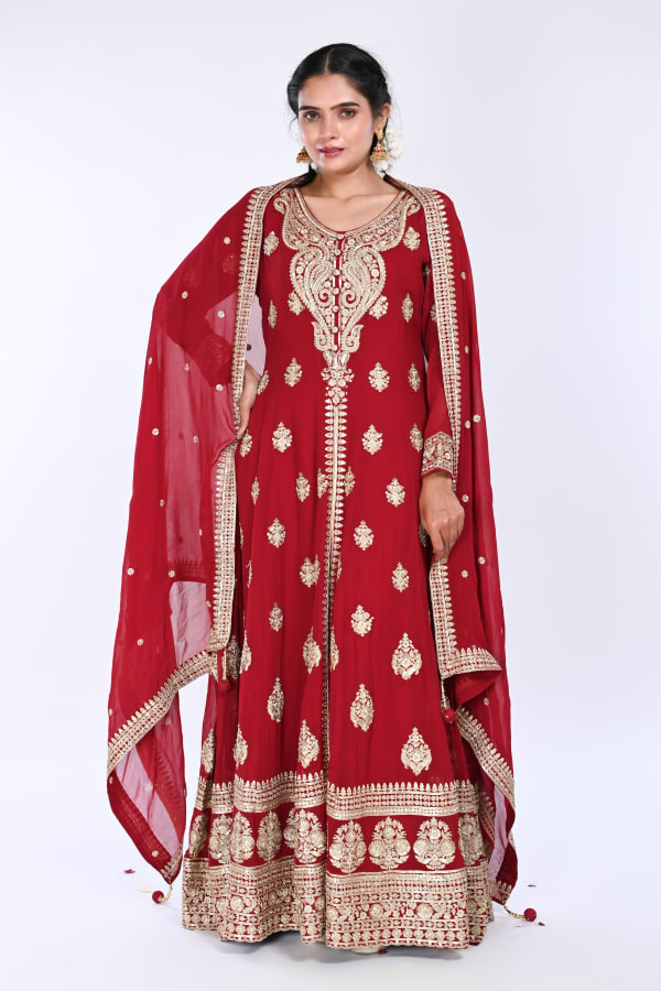 Maroon Long Anarkoli with Middle Cut Suit With Pant