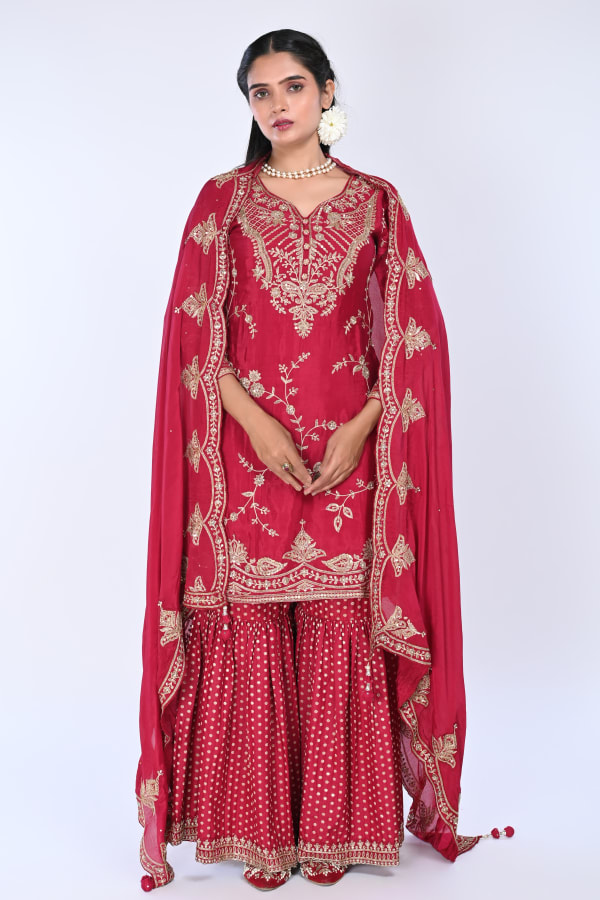 Maroon Straight Salwar Kameez suit with Gharara