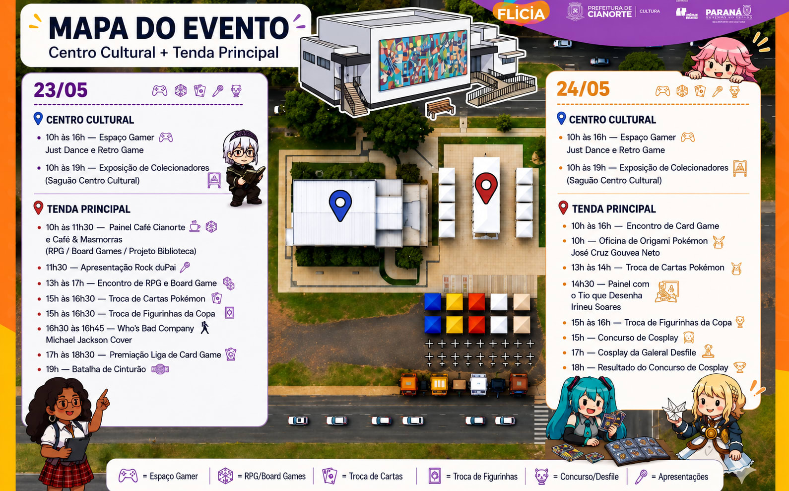 Arte da Arena Geek da FLICIA 2026 divulgando card games, RPG e cultura geek em Cianorte