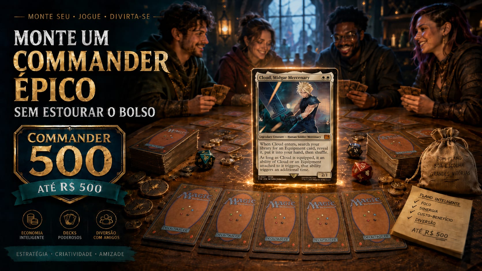 Mesa de Magic Commander com cartas e clima de jogo presencial para guia budget