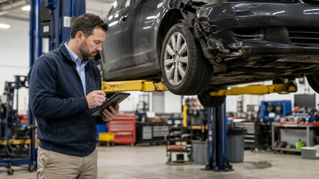 Insurance adjuster inspecting vehicle damage after an Idaho car accident