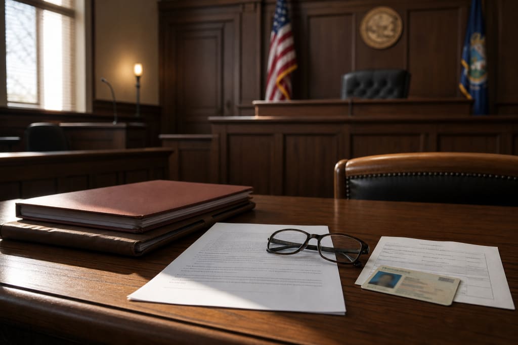 Court files and a driver's license on a counsel table in an Idaho courtroom