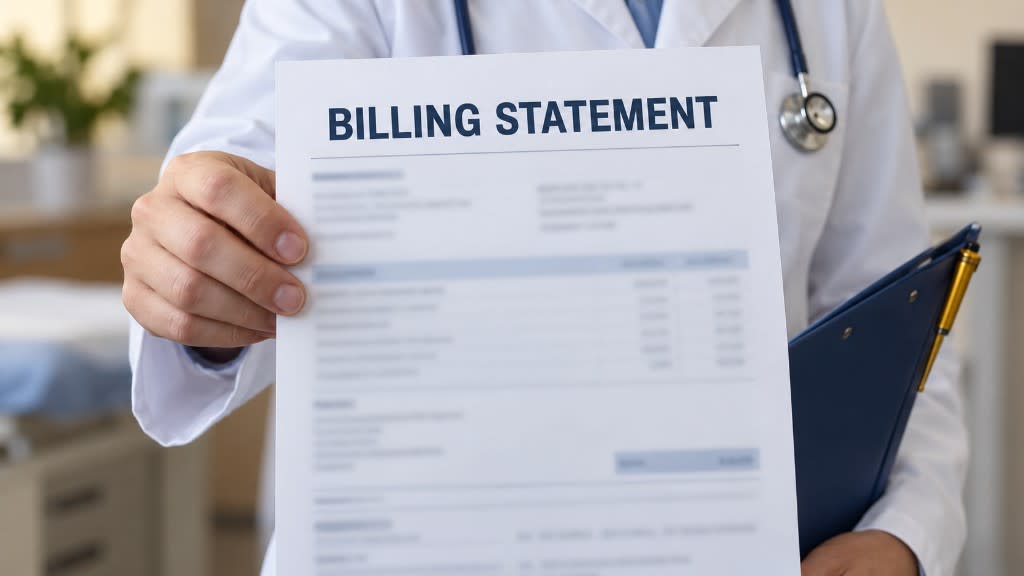 Hand holding a medical billing statement, navy clipboard and gold pen at the edge of the frame