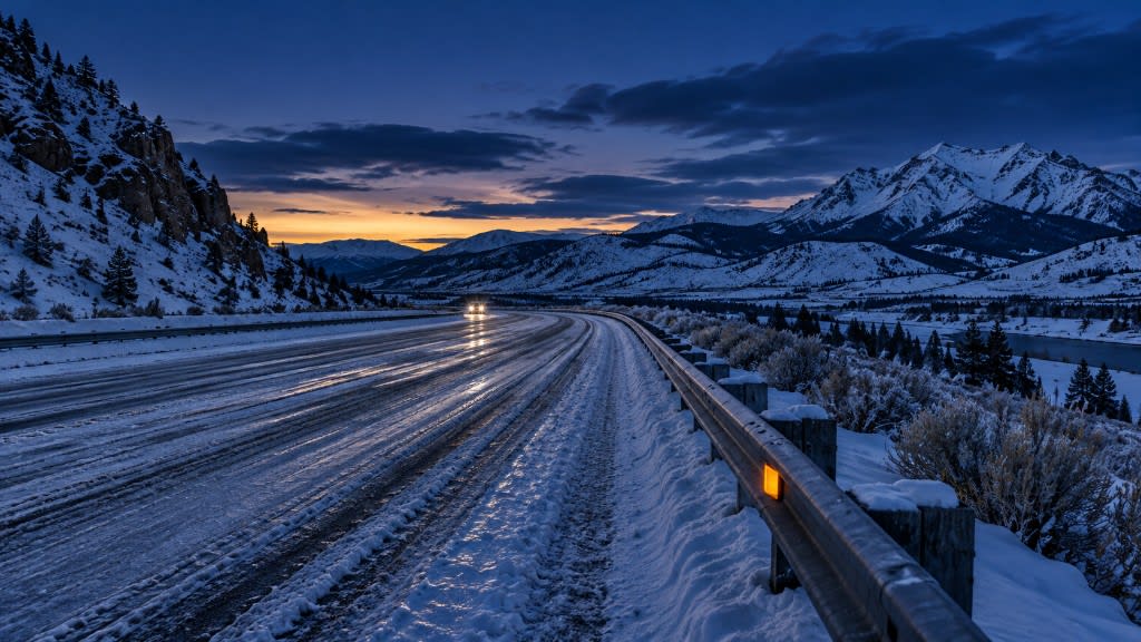 Snow-packed Eastern Idaho highway at dusk with icy ruts and a gold roadside reflector