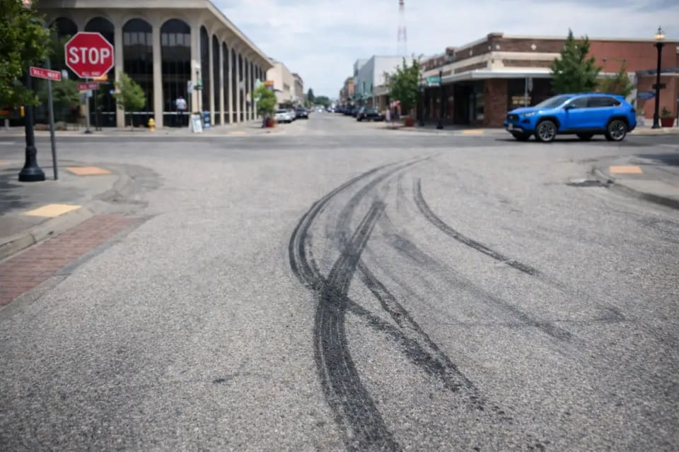 Skid marks on a downtown Idaho Falls street after a vehicle crash