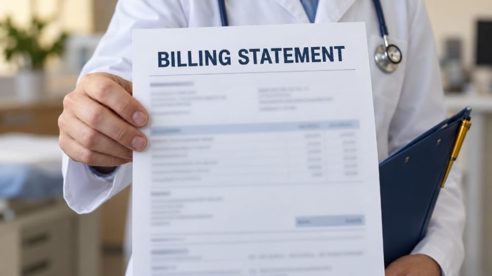 Hand holding a medical billing statement, navy clipboard and gold pen at the edge of the frame