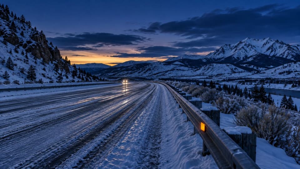 Snow-packed Eastern Idaho highway at dusk with icy ruts and a gold roadside reflector