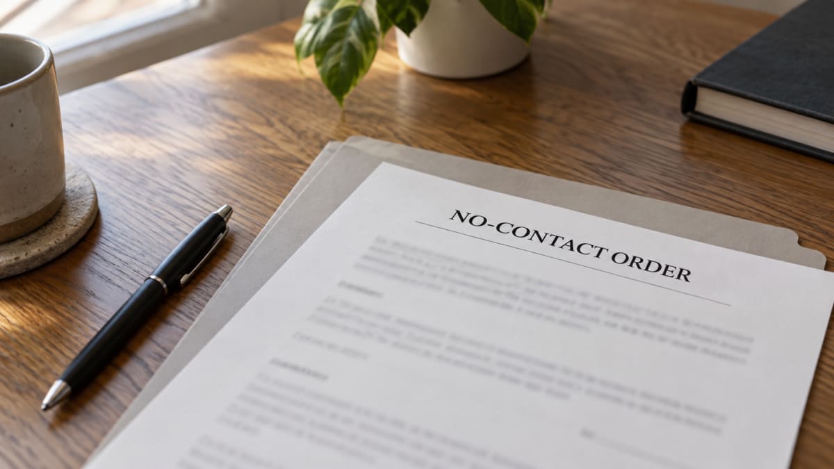 No-contact order paperwork on a consult table