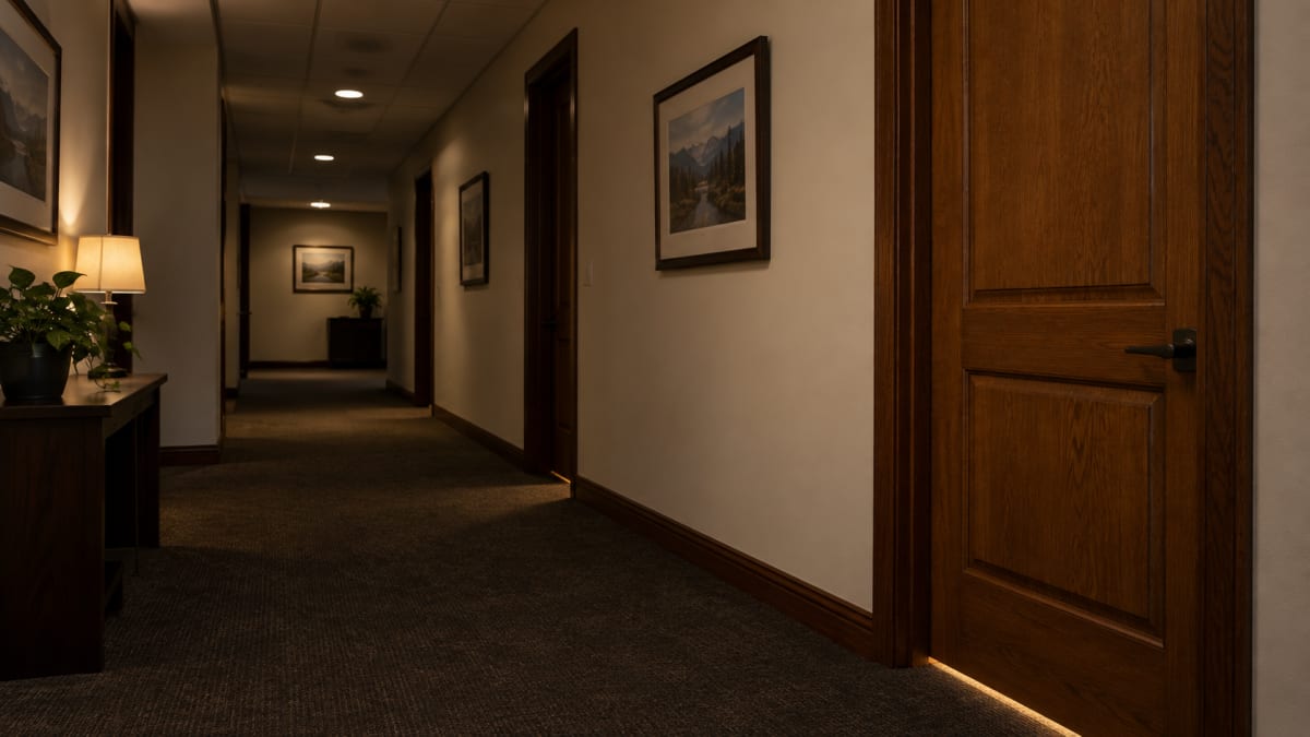 Empty office hallway used for a private criminal defense consult