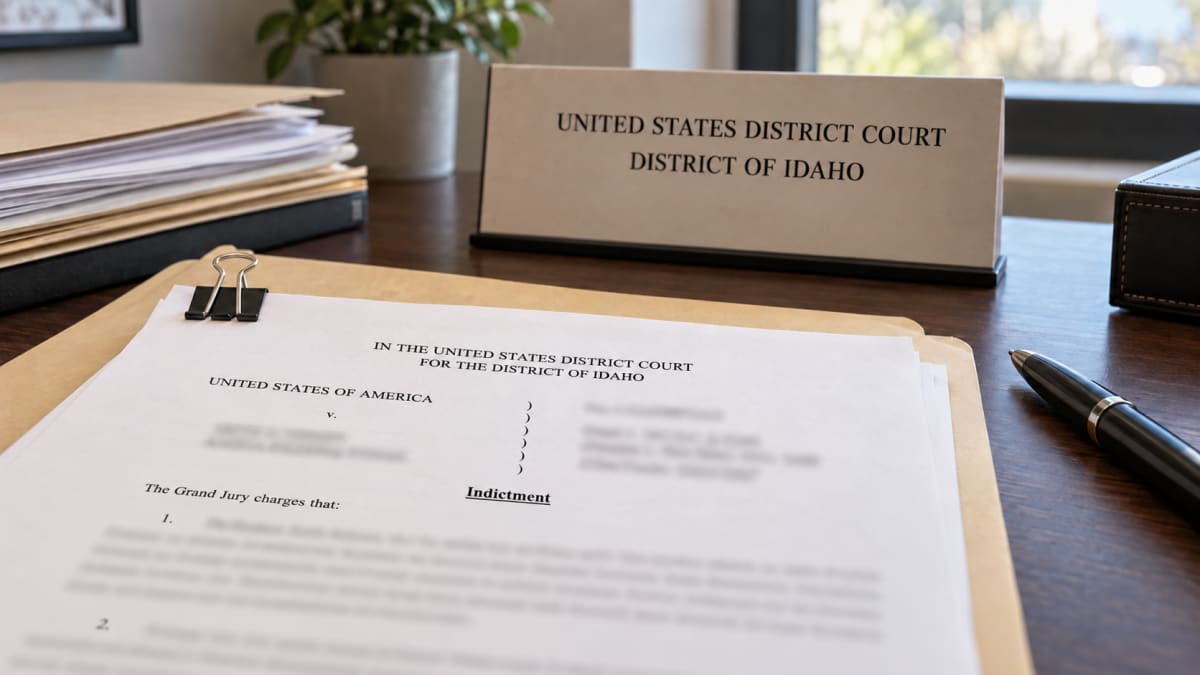 Federal indictment-style charging documents on a desk