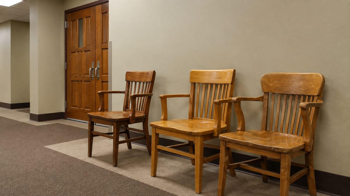 Empty courthouse hallway with chairs outside juvenile court