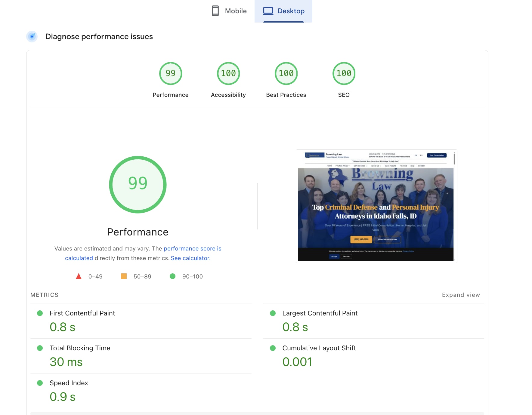 Browning Law Google PageSpeed Insights score