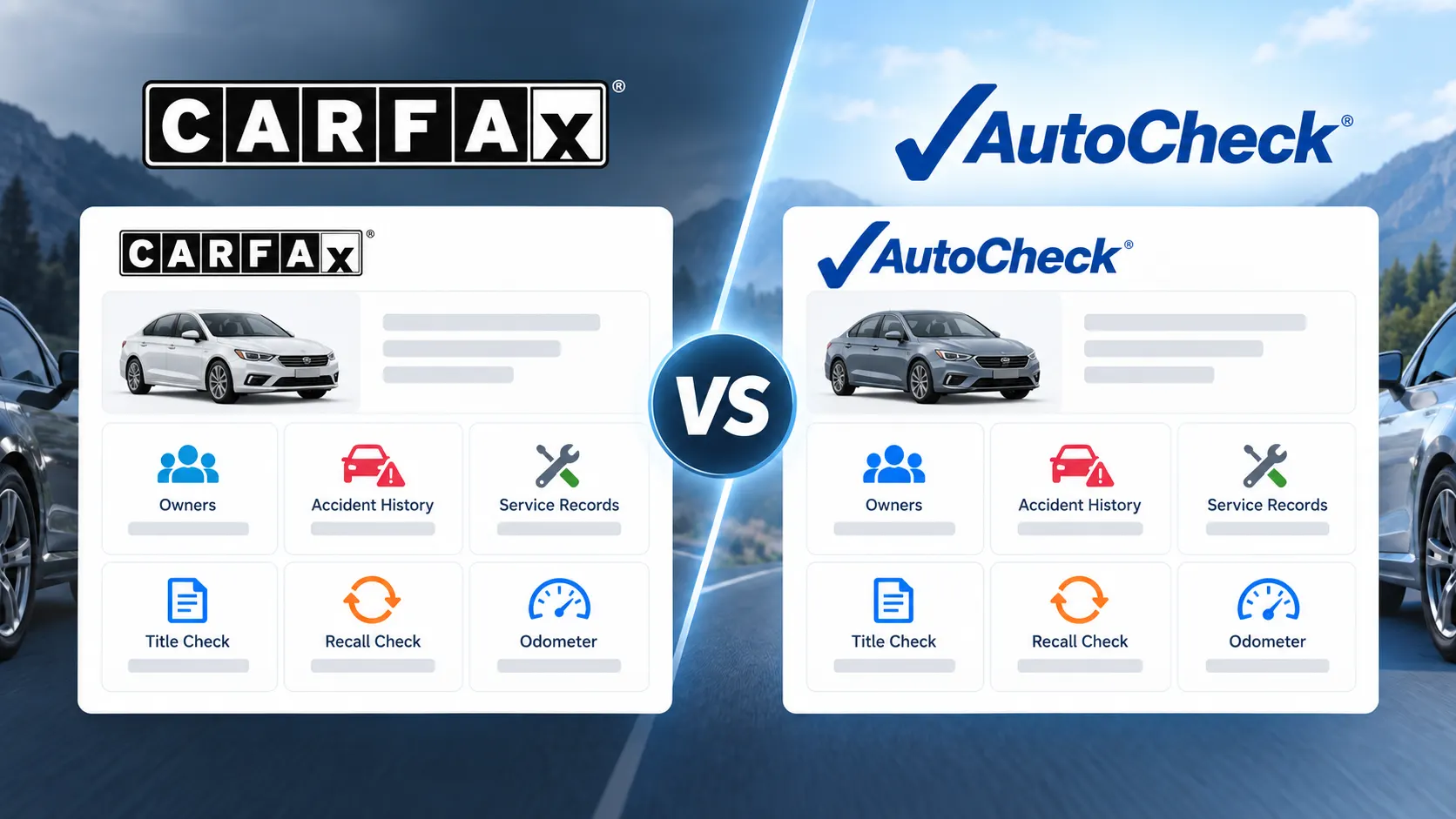 CARFAX and AutoCheck comparison graphic showing owners, accident history, service records, title, recall, and odometer