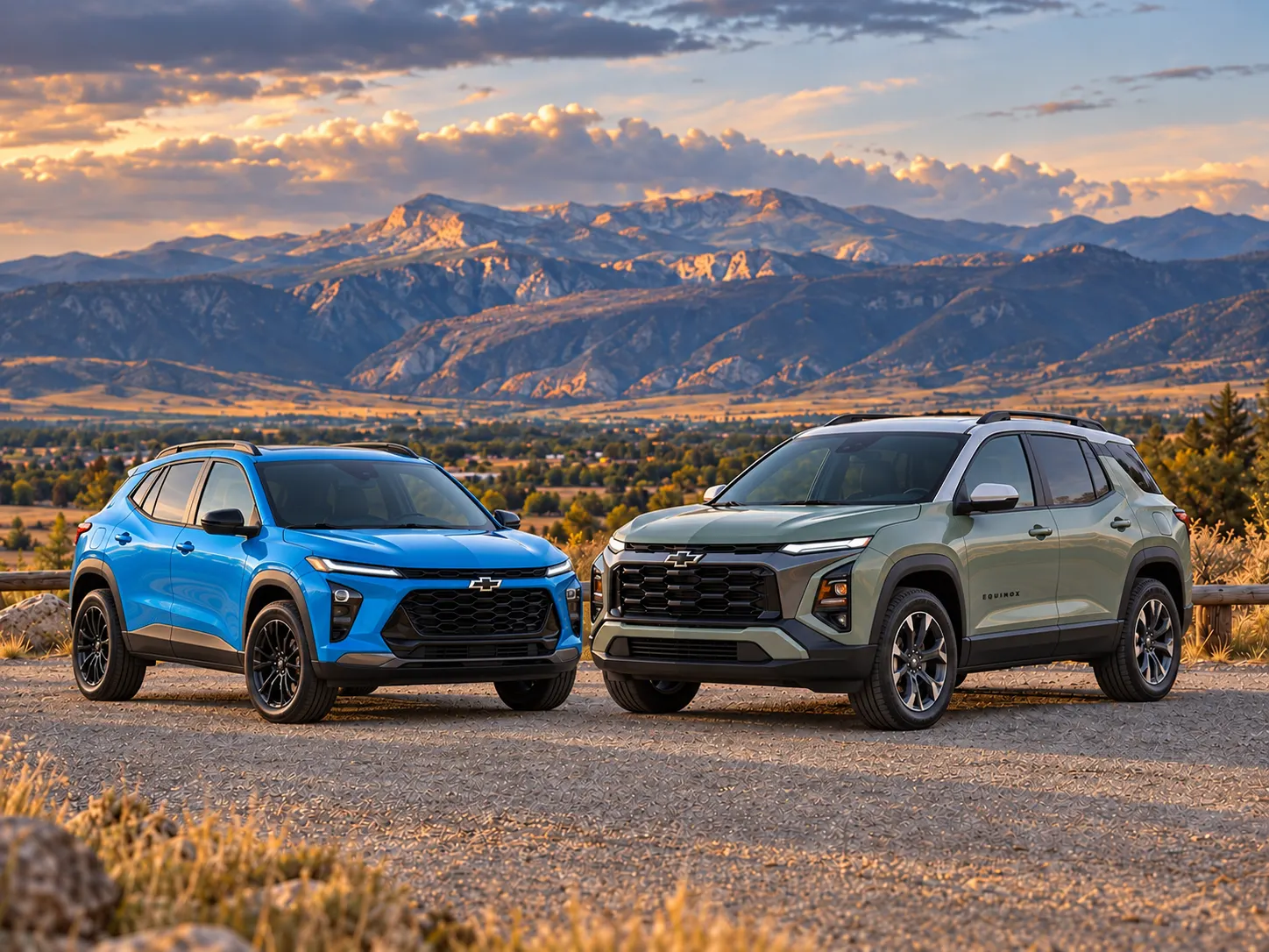 Chevrolet Trax and Chevrolet Equinox parked side by side on a gravel overlook with mountains behind them