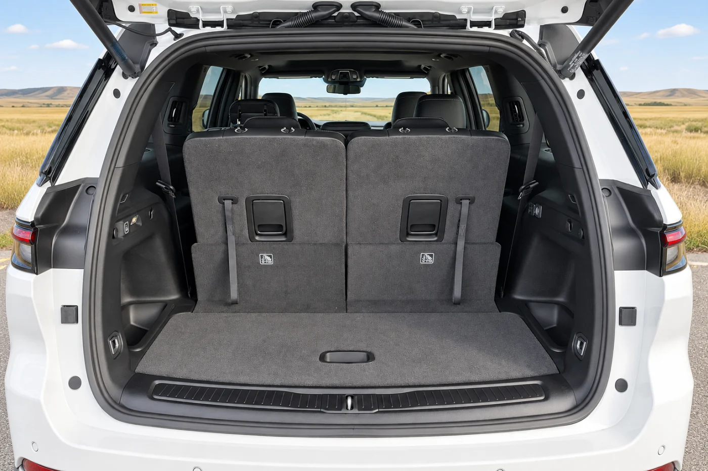 Open rear hatch of a Grand Cherokee L with the third row folded and a wide cargo floor
