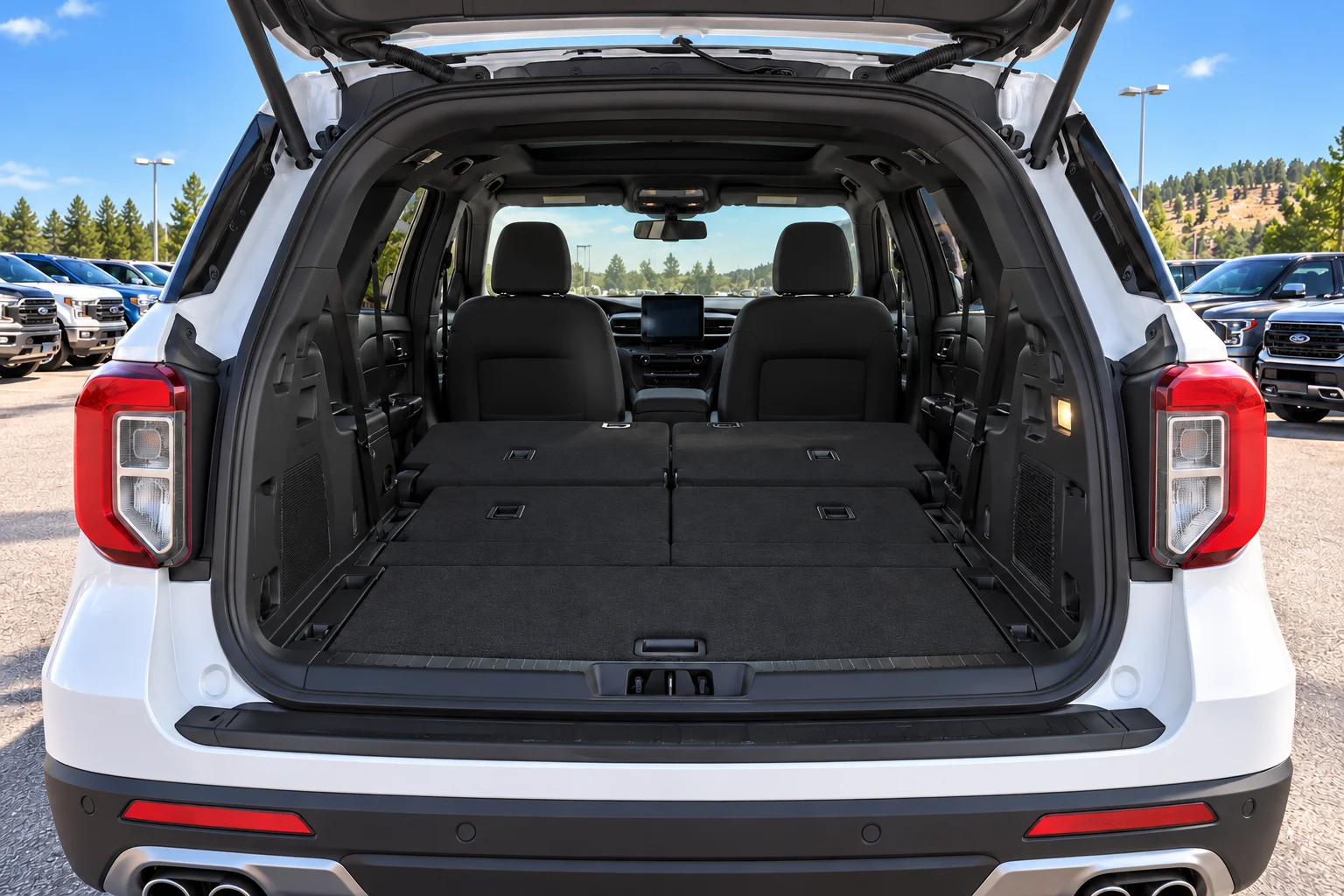 A white Ford Explorer with the liftgate open, the cargo floor flat behind the second row, and the third row still upright
