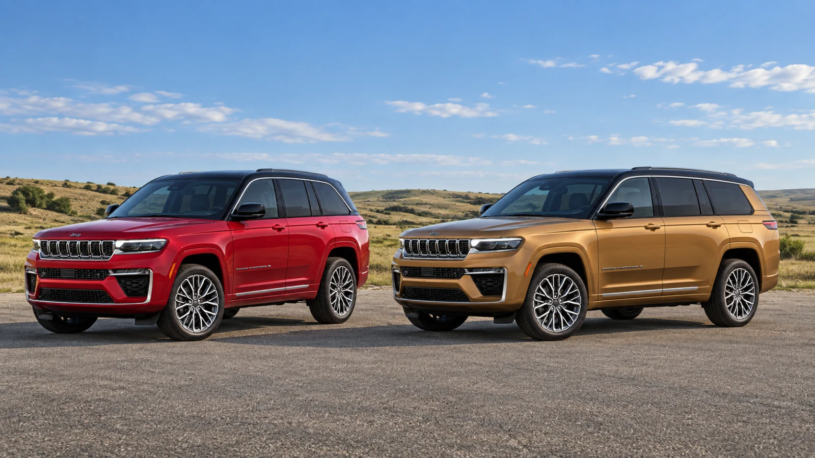 Red two-row Jeep Grand Cherokee parked beside a longer gold Grand Cherokee L