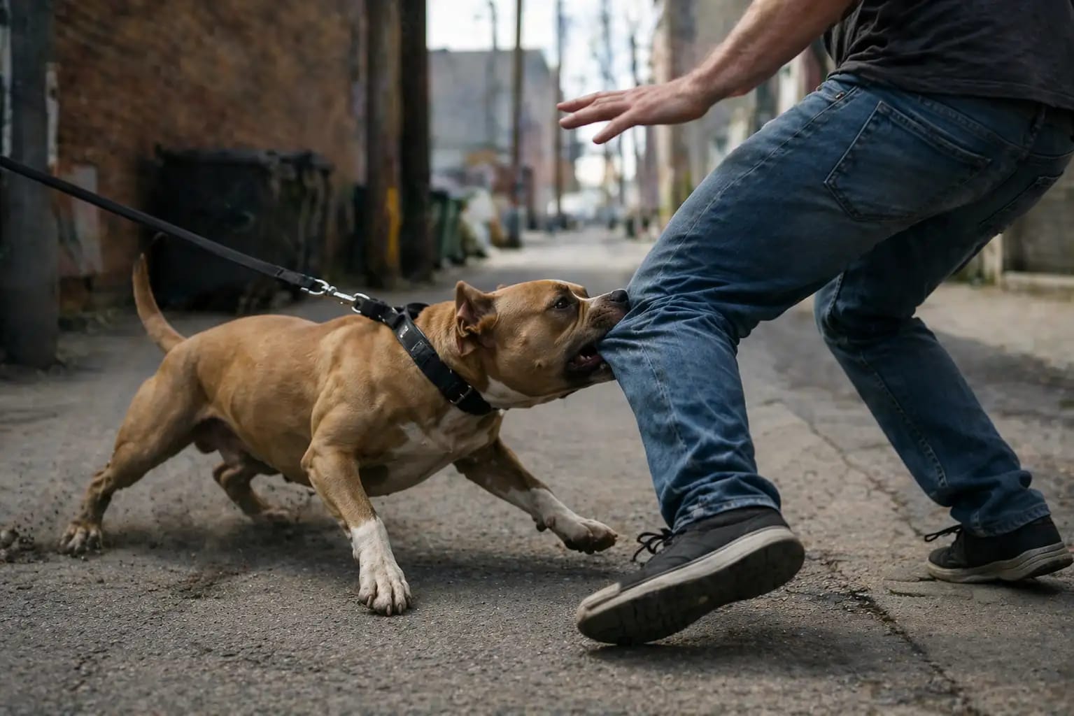 Dog bite attack on a city sidewalk in downtown Idaho Falls, with storefronts and onlookers in the background