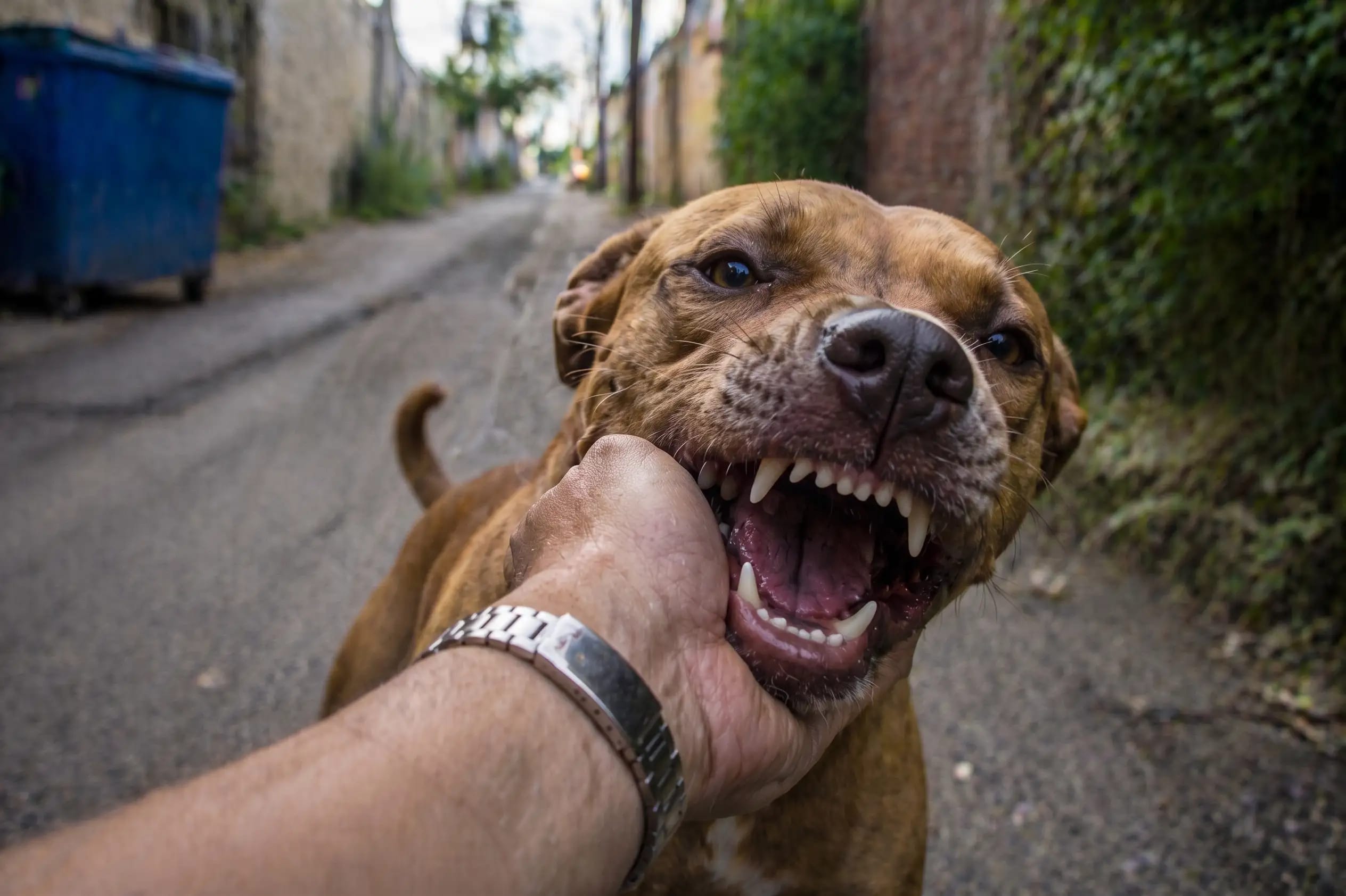 Aggressive dog biting a person in a narrow urban alley, illustrating a serious dog attack injury
