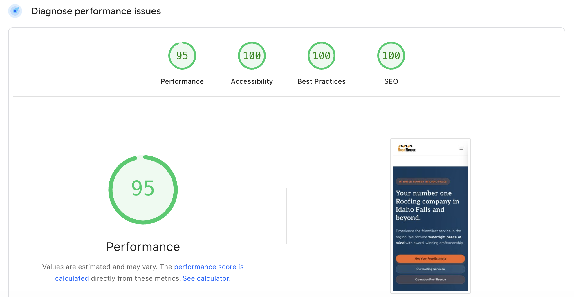 New website PageSpeed score, 95 mobile performance