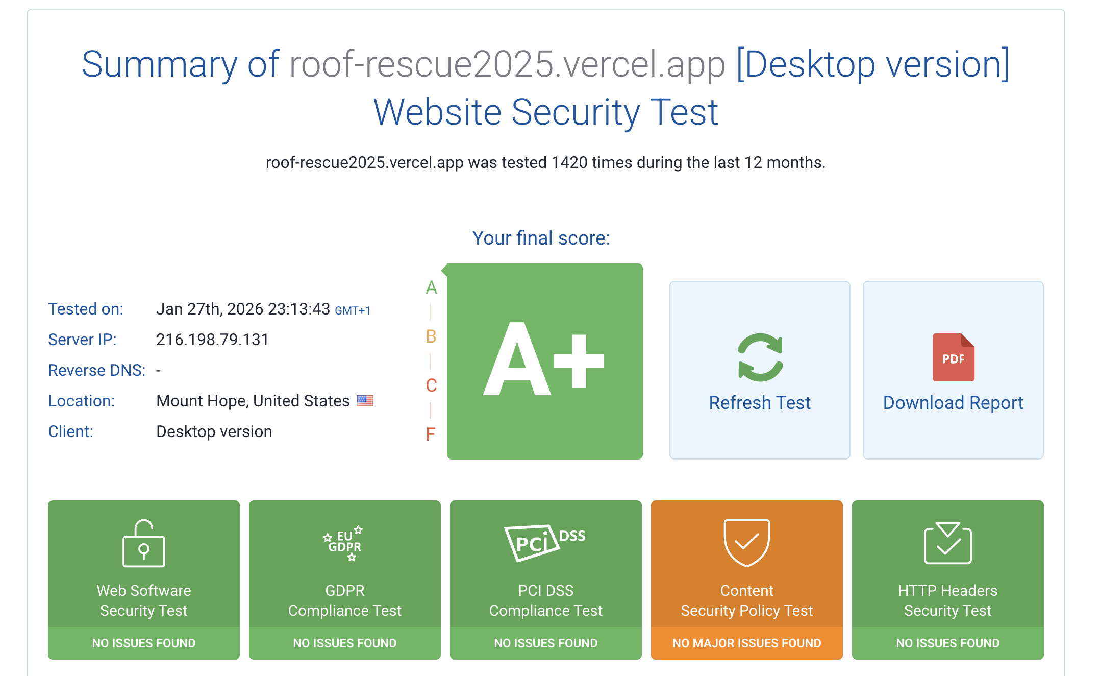 A+ security grade for Roof Rescue USA