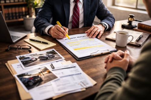 Personal injury attorney reviewing documentation and highlighting a personal injury report