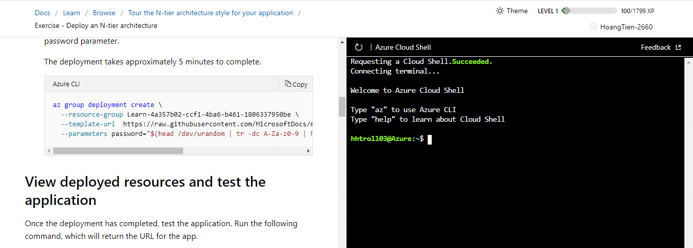 Tại phần cột bên trái bạn kéo đến phần Azure CLI và chờ cho cột bên phải xuất hiện như trên ảnh