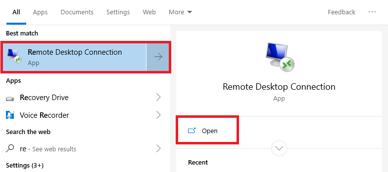 Trở lại với màn hình Desktop, bạn chọn vào Start hoặc chọn vào khung tìm kiếm Cortana sau đó gõ với từ khoá remote –> Xuất hiện App Remote Desktop Connection –> Open