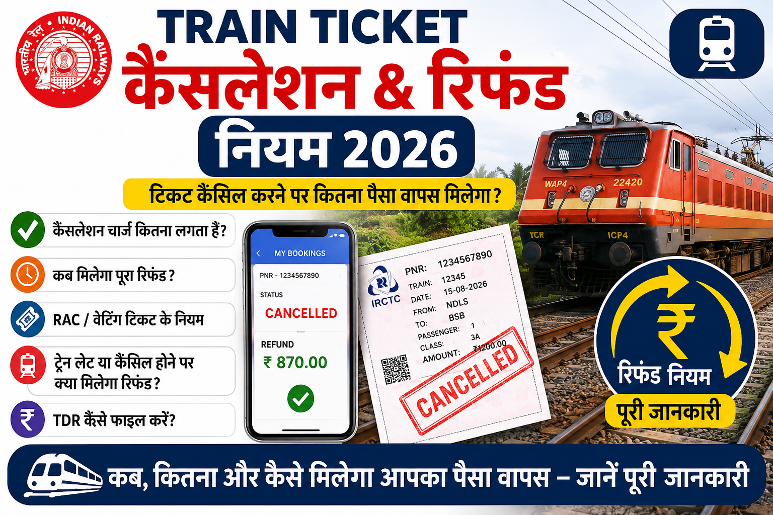 Indian Railways Train Ticket Cancellation & Refund Rules | भारतीय रेलवे ट्रेन टिकट रद्दीकरण और रिफंड नियम