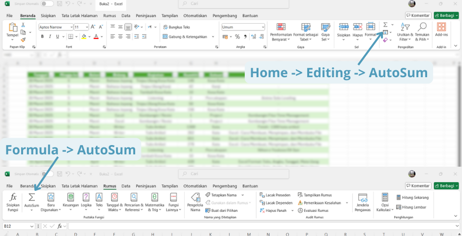 Letak AutoSum Excel