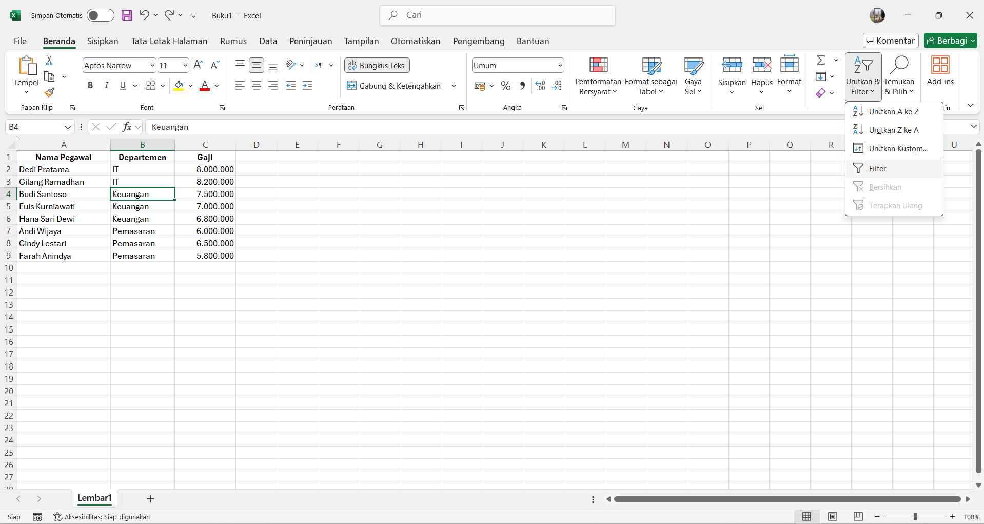 Filter Excel dari Ribbon Home
