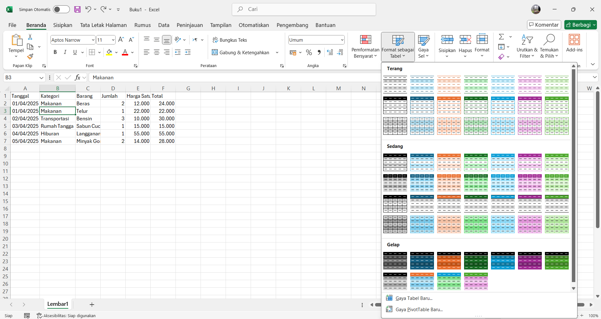 Tambah Tabel di Excel