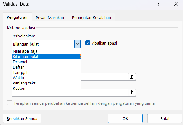 Jenis-jenis Data Validation pada Excel