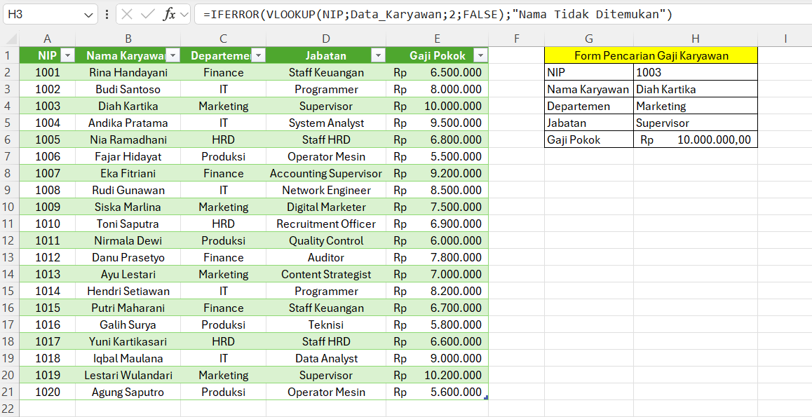 Contoh kasus VLOOKUP Excel