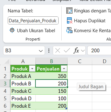 Seleksi salah satu sel dari rentang tabel