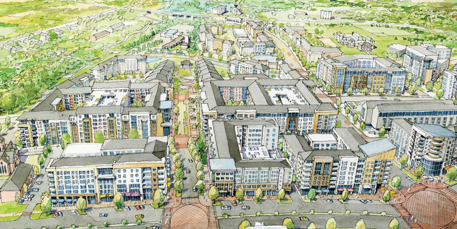 An Aerial perspective illustrating how Doughtery Street in the foreground is envisioned as a new urban edge to reconnect back into the historic downtown Athens. Source: JHP