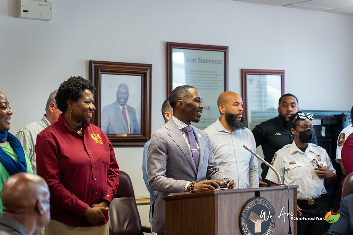 Forest Park City Manager Ricky Clark answers questions during a press conference for the city’s Elevate-From Shelter to Stability program, 