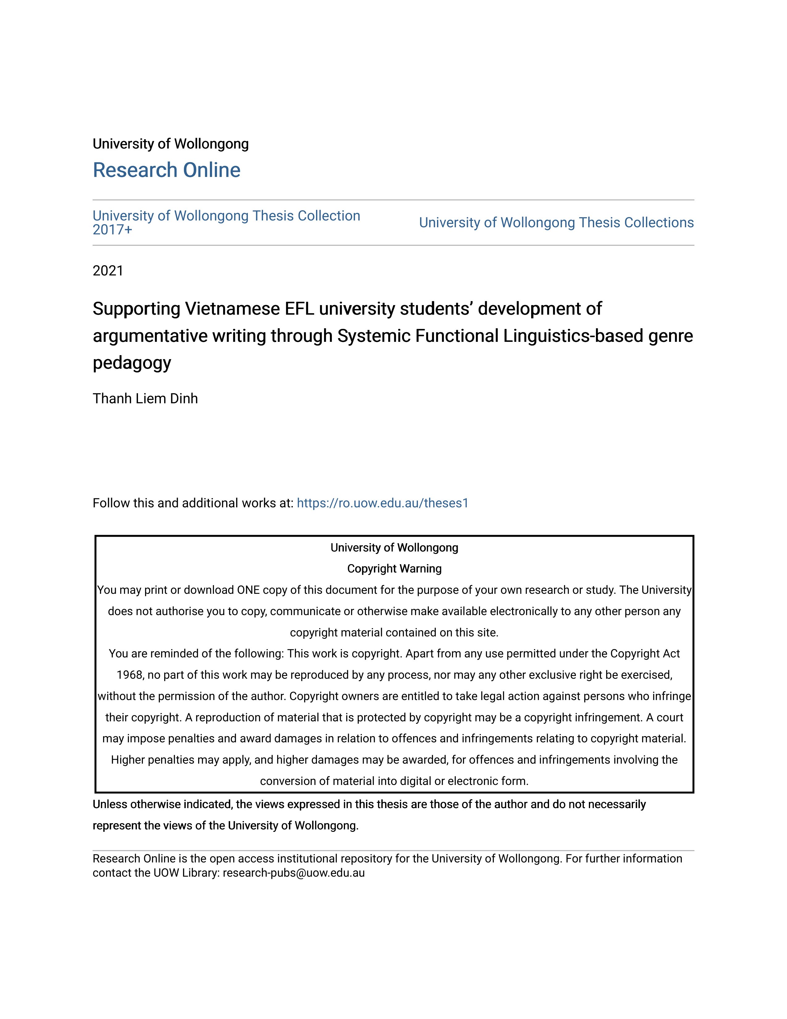 Supporting Vietnamese Efl University Students'' Development Of Argumentative Writing Through