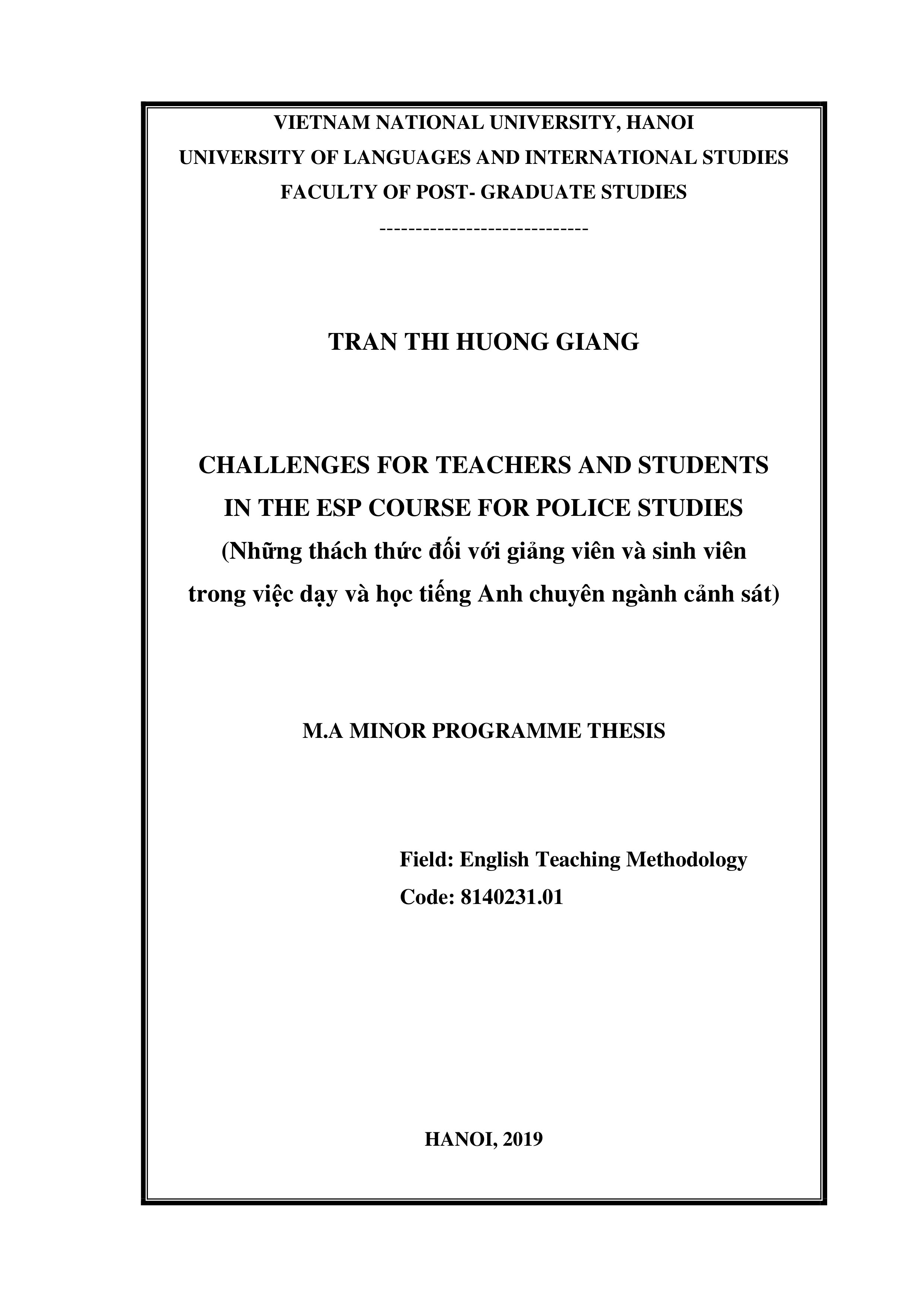 (Luận văn thạc sĩ) challenges for teachers and students in the ESP course for police studies