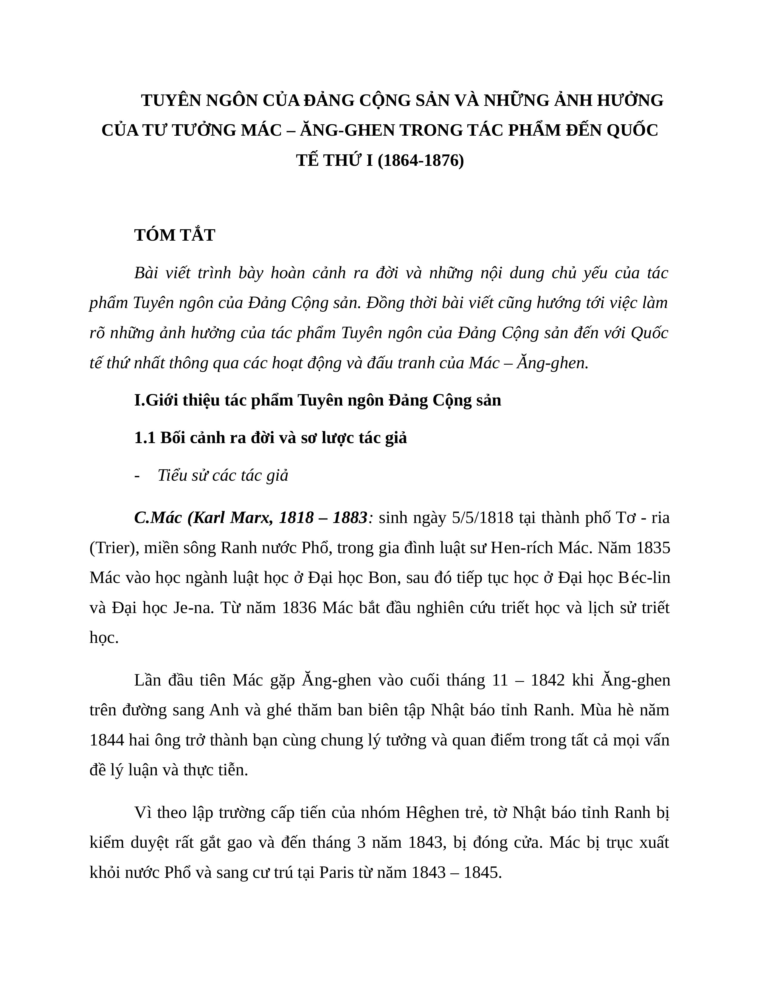 TUYÊN NGÔN CỦA ĐẢNG CỘNG SẢN VÀ NHỮNG ẢNH HƯỞNG CỦA TƯ TƯỞNG MÁC – ĂNGGHEN TRONG TÁC PHẨM ĐẾN QUỐC