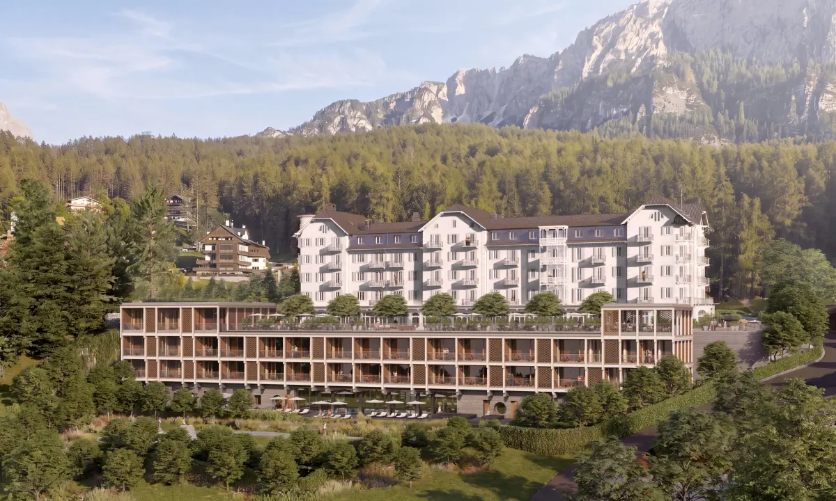 Rendering of Mandarin Oriental Cristallo, Cortina, the former Cristallo hotel reopening in early 2027