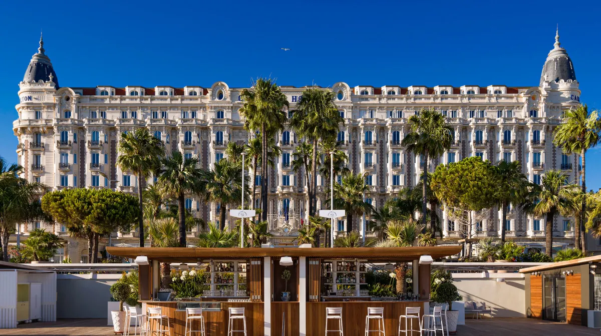 Carlton Cannes Regent Hotel Belle Epoque facade from beach La Croisette Cannes Film Festival