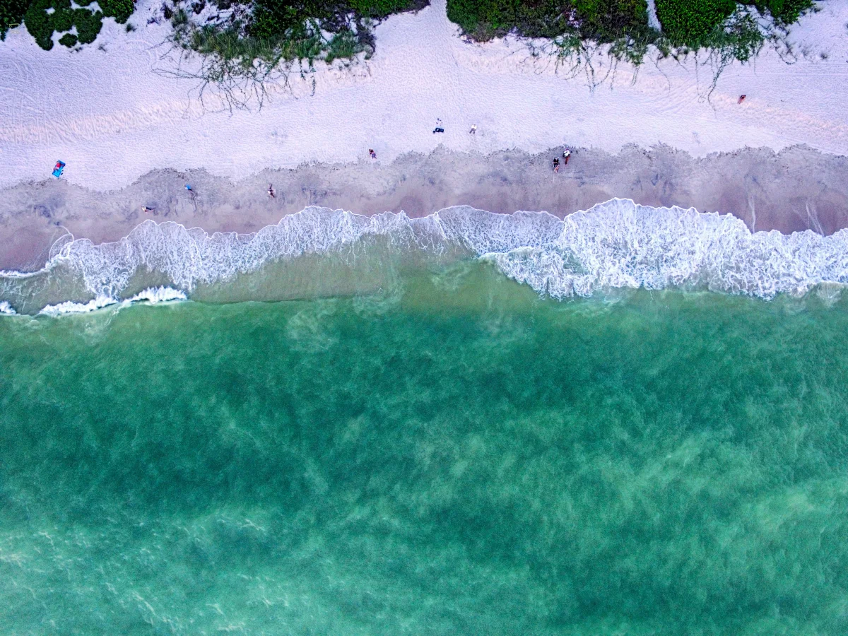 Aerial view of gentle waves meeting a white-sand shoreline on the Gulf Coast