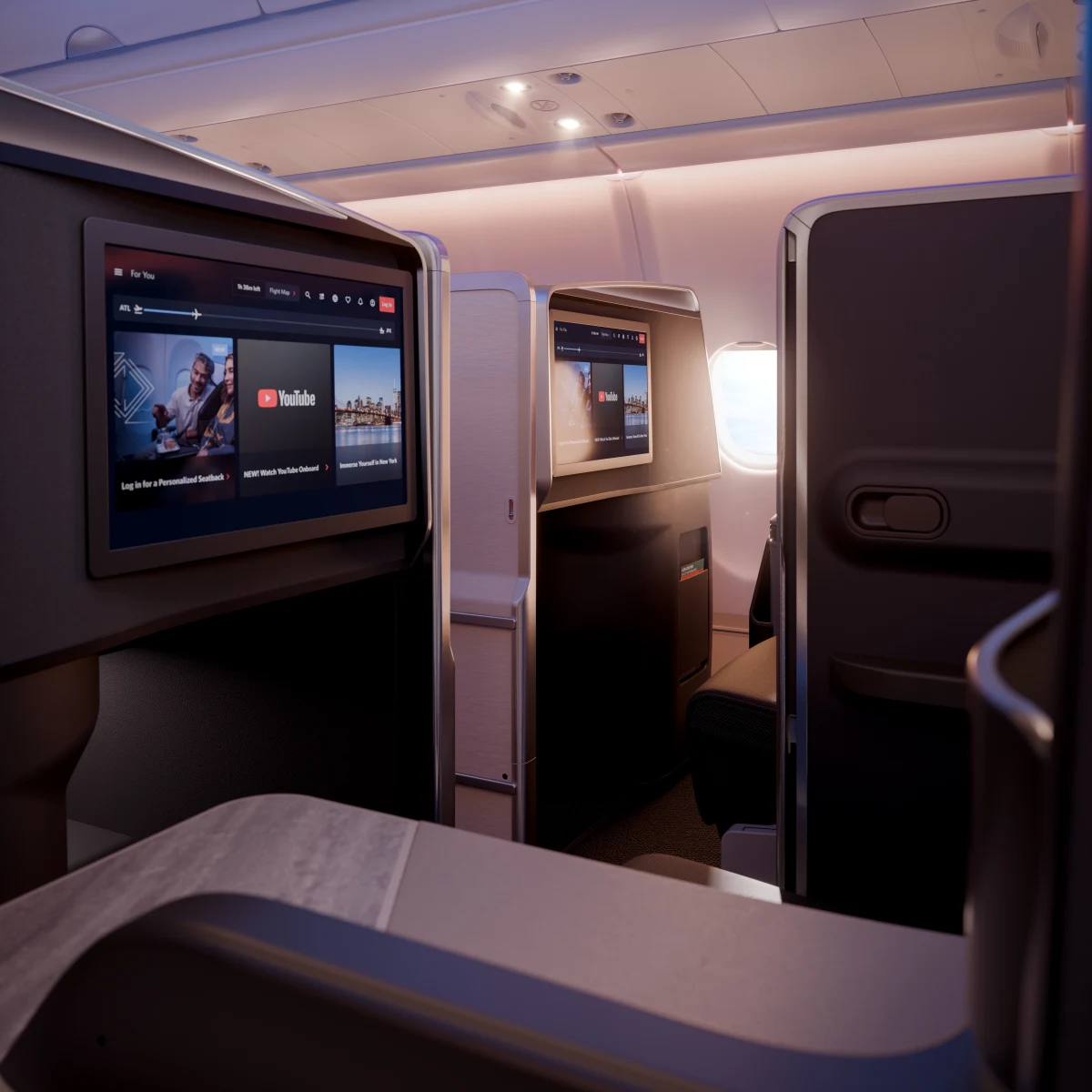 Delta One suite A330-200-300 facing forward 24-inch screen business class transatlantic