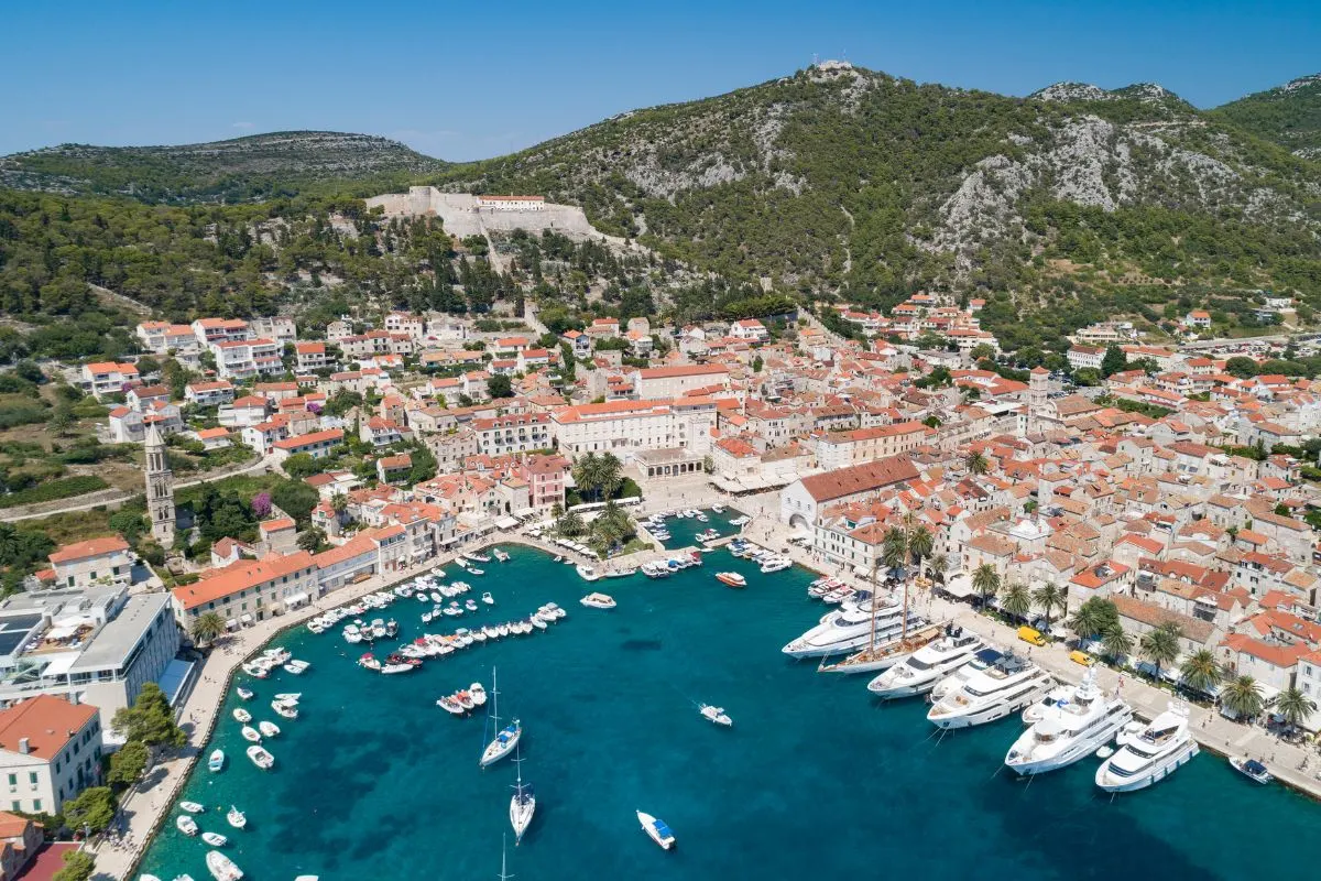 aerial view of Hvar Town with Spanish Fortress overlooking the Adriatic Sea